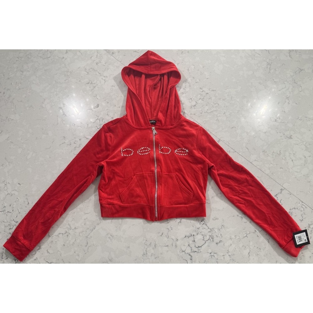 NWT BEBE Cropped Full Zip Hoodie Juniors Medium Red Velour Plush Rhinestone